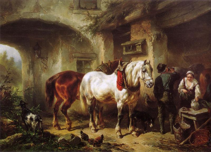 Wouterus Verschuur Horses and people in a courtyard